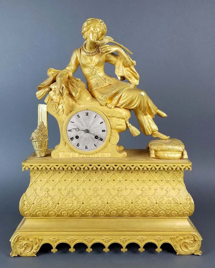18th C. Exquisite Large Mercury Gold Empire Figural: 18th C. Exquisite Large Mercury Gold Empire Figural Mantle Clock. Measures H: 20 1/2" W: 16 1/2"
