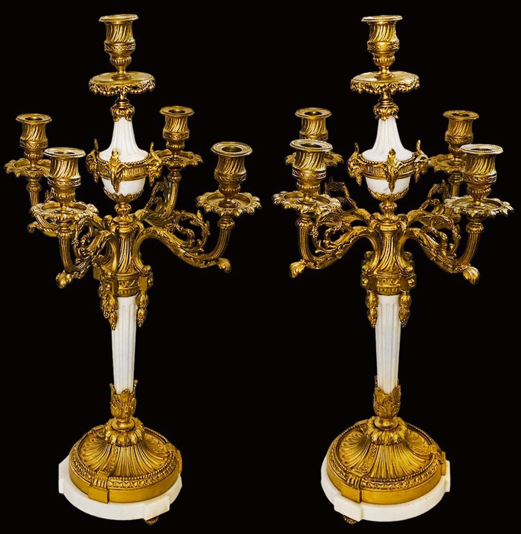 Pair Of 19th C. French Bronzed Marble Candelabras: Pair Of 19th C. French Bronzed Marble Candelabras. H 24 1/2" x W 14"