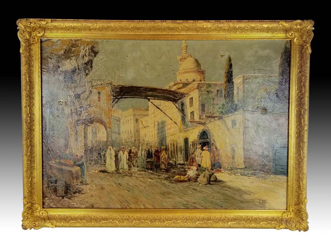 I.R. Abel Signed Large Orientalist Oil on Canvas: I.R. Abel Signed Large Orientalist Oil on Canvas Street Scene. The frame measures 32 3/4" W: 45" and the painting measures 38 1/2" x 26 1/2"
