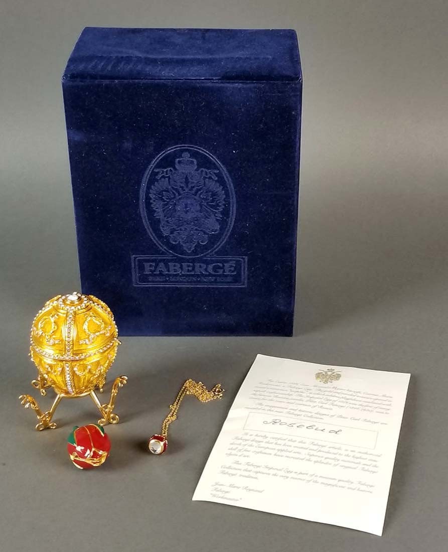 House of Feberge Enamel Jewelled "Rose Bud" Egg,: House of Feberge Enamel Jeweled "Rose Bud" Egg, Limited Edition. Comes with Rose Bud Case and Necklace inside egg with box and certificates included. The egg measures H: 3"