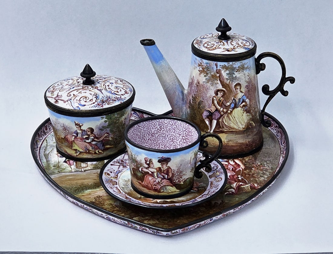 19th C. Viennese Enamel On Silver (~366g) Tea Set: 19th C. Viennese Enamel On Silver (~366g) Tea Set. Tray: 6" x 6" \ Cup: H 1 1/4" x W 1 1/2" x L 2" \ Saucer: D 2 1/2" \ Lidded bowl: H 2" x W 2" \ Pot: H 3" x W 1 7/8" x L 3 1/4"