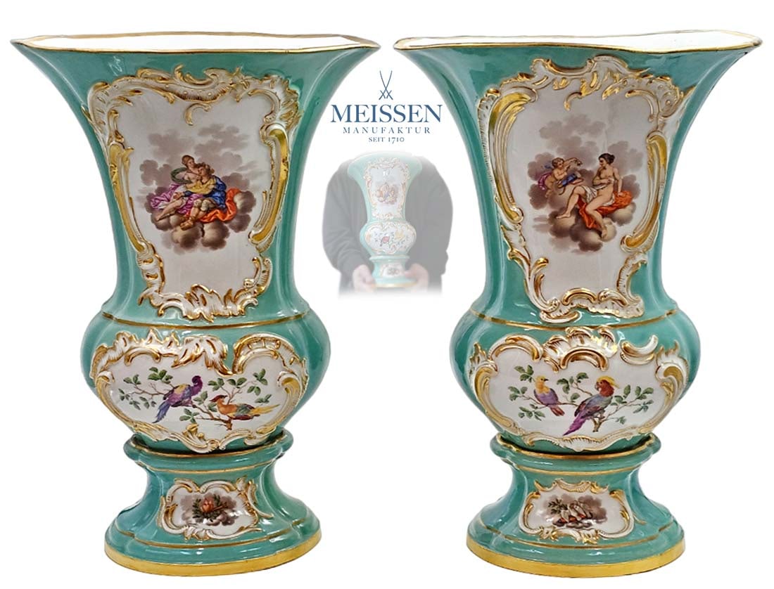 Pair Of Large 19th C. German Meissen Vases: Pair Of Large 19th C. German Meissen Vases. H 14 1/8" x W 9 7/8"