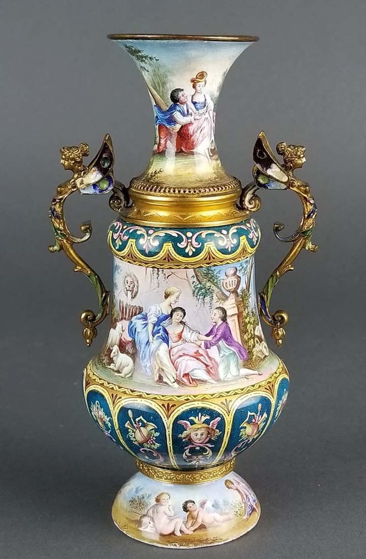 Magnificent Large Austrian Viennese Enamel on Silver: Magnificent Large Austrian Viennese Enamel on Silver Vase. Measures H: 7" W: 4"