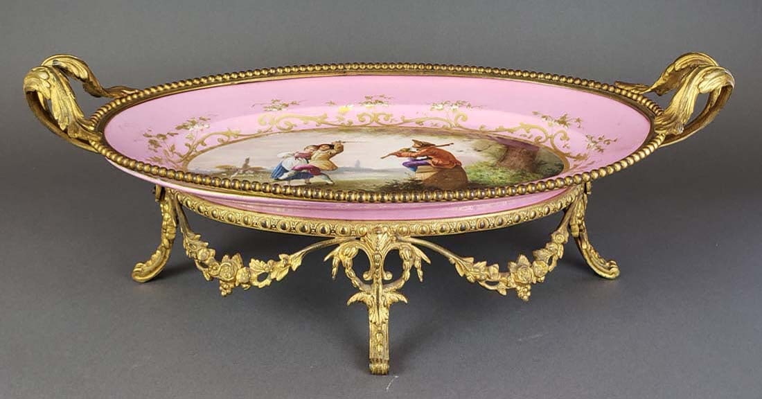 French Sevres Porcelain & Bronze Centerpiece, 19th C.: French Sevres Porcelain & Bronze Centerpiece, 19th C.. Measures H: 7 1/4" W: 20"
