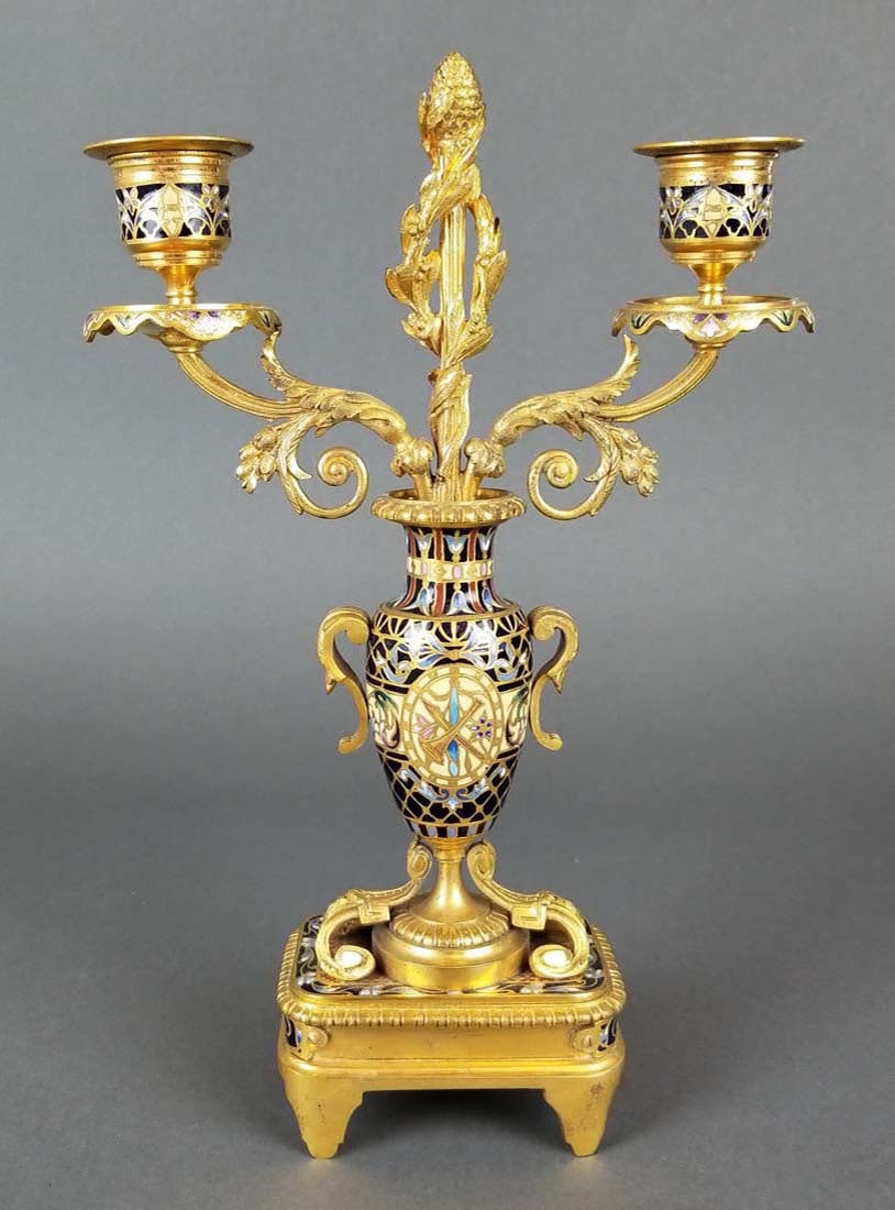 Exceptional French Champleve Enamel Figural Clockset - 10