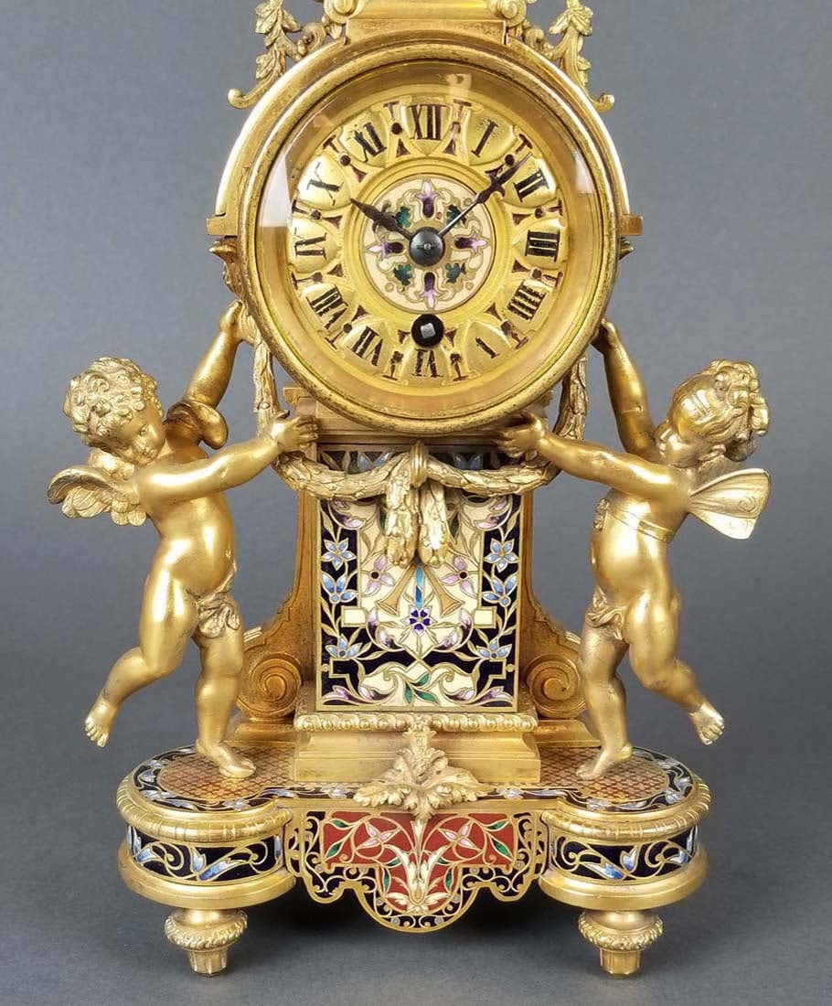 Exceptional French Champleve Enamel Figural Clockset - 4