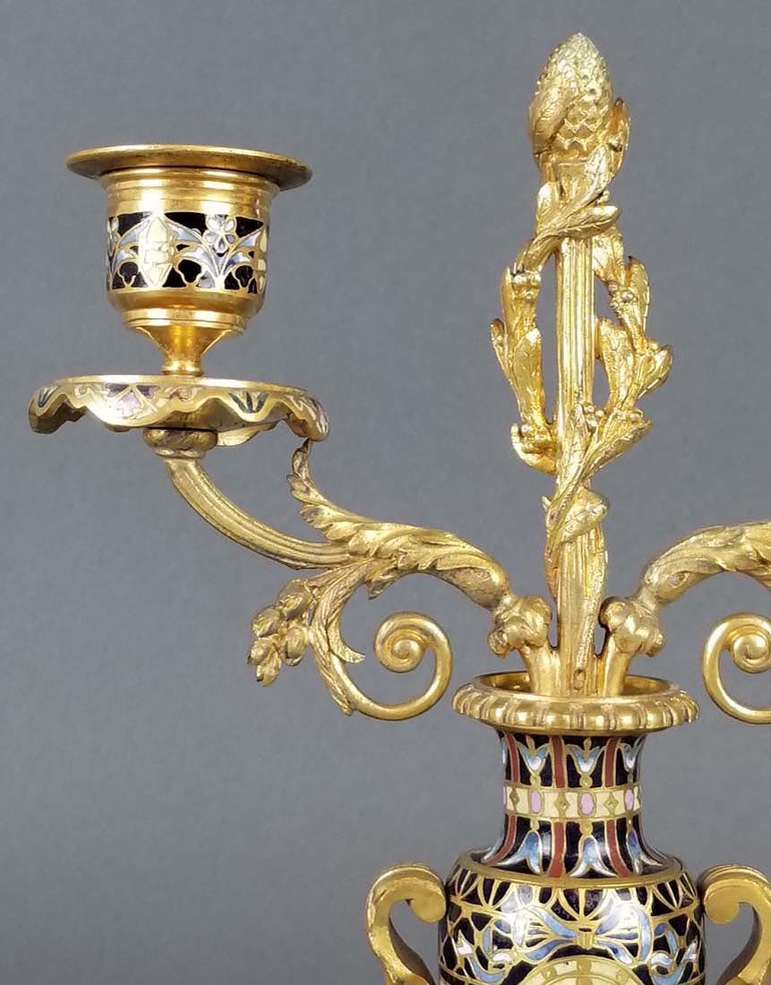 Exceptional French Champleve Enamel Figural Clockset - 9