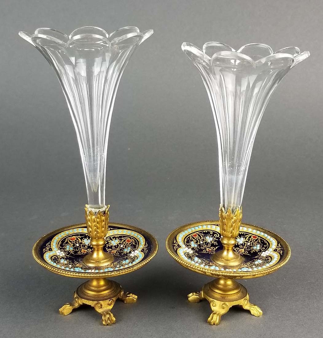 Pair of French Champleve Enameled Baccarat Crystal: Pair of French Champleve Enameled Baccarat Crystal Vases. Measures H: 6 1/2" W: 3"