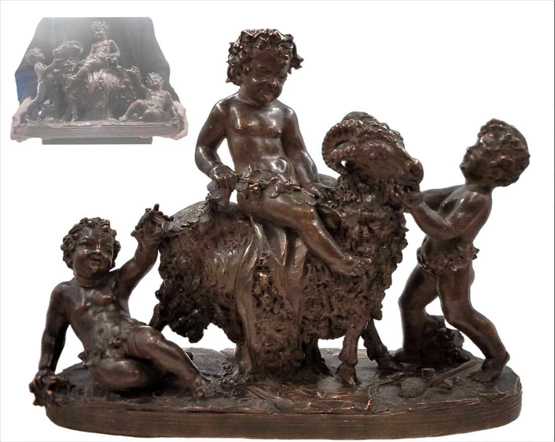 Signed 19th C. Terracotta Group of Cherubs & Ram: Signed 19th C. Terracotta Group of Cherubs & Ram. H 15" x W 6 1/2" x L 18 1/2"