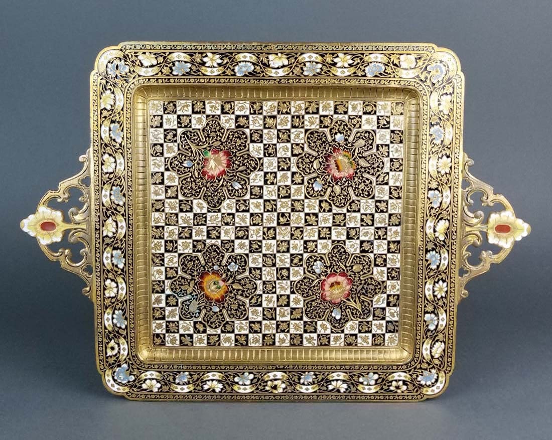 Very Fine French Champleve Enamel and Bronze Tray, 19th: Very Fine French Champleve Enamel and Bronze Tray, 19th C. Measures 14 1/4" x 10 1/4"