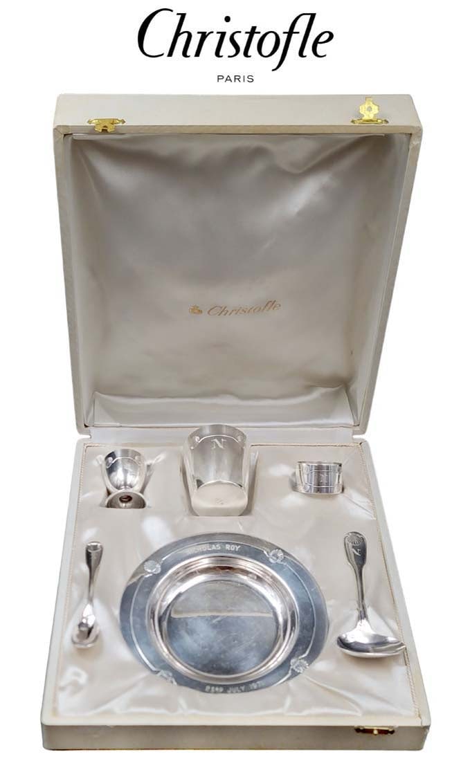 19th C. Christofle Flatware 6 Piece Set ( July Of 1971 ): 19th c. christofle flatware 6 piece set. Box: H 3 1/2" x W 11" x L 13" \ Cup: H 3" x W 2 1/2" \ Egg Server: H 2" x W 1 1/2" \ Plate: D 6 1/2" \ Oval Spoon: L 5 1/2" \ Small Spoon: L 4"