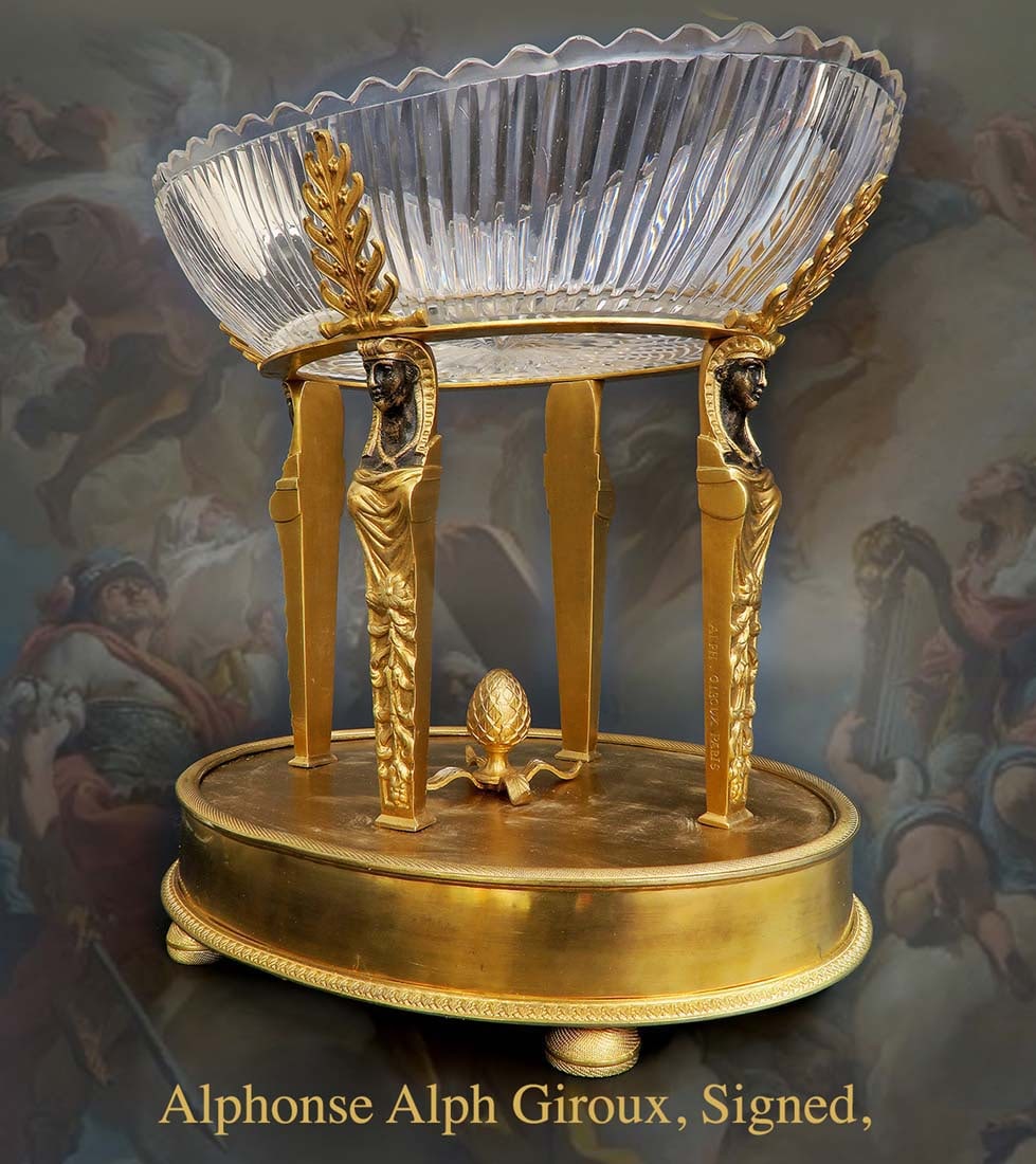 19th Century Baccarat Crystal Figural Bronze Signed Alph Giroux Centerpiece: 19th Century Baccarat Crystal Figural Bronze Signed Alph Giroux Centerpiece. H 13" x 12" x 9"