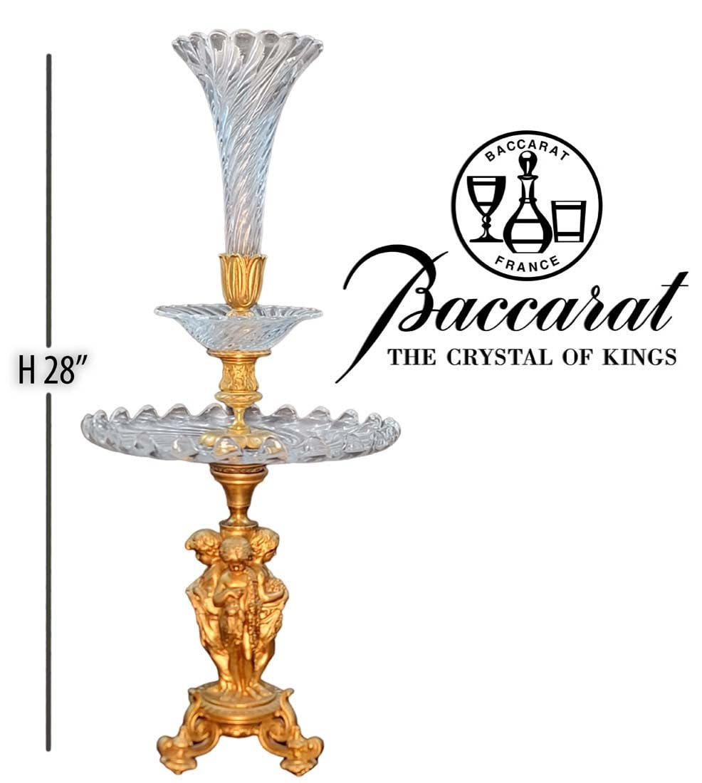 Large 19th C. Figural Bronze With Baccarat Crystal Centerpiece: Large 19th C. Figural Bronze With Baccarat Crystal Centerpiece. H 28" x W 12"