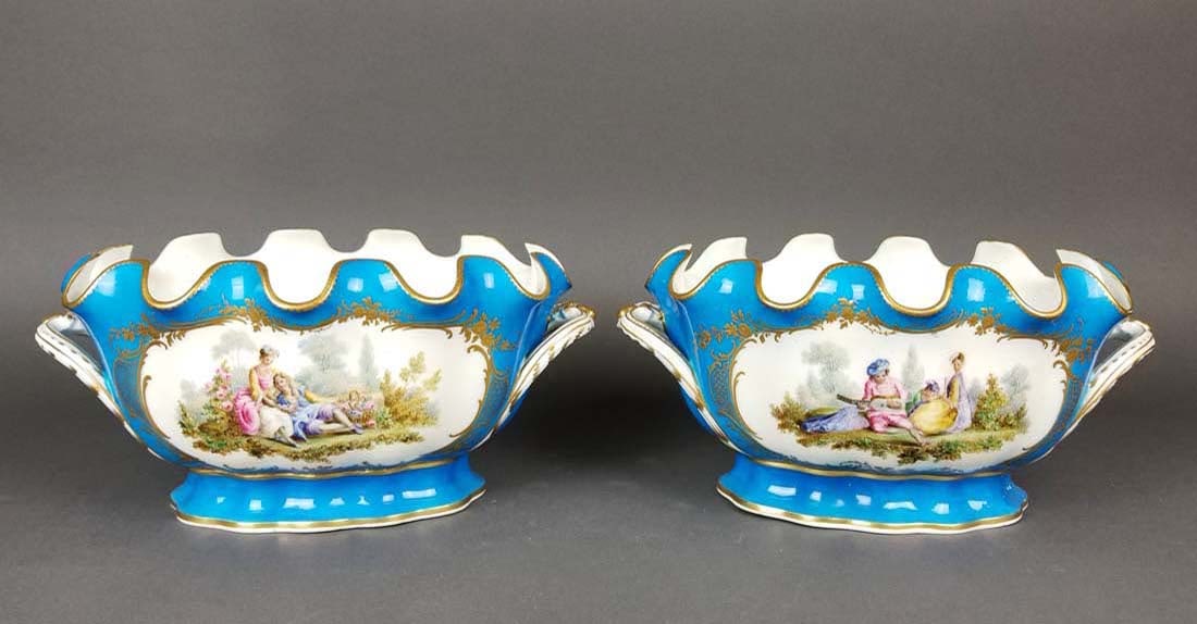 19th C. Pair of Sevres French Porcelain Monteith Bowls: 19th C. Pair of Sevres French Porcelain Monteith Bowl \ Vases. H 5 1/4" x W 11"