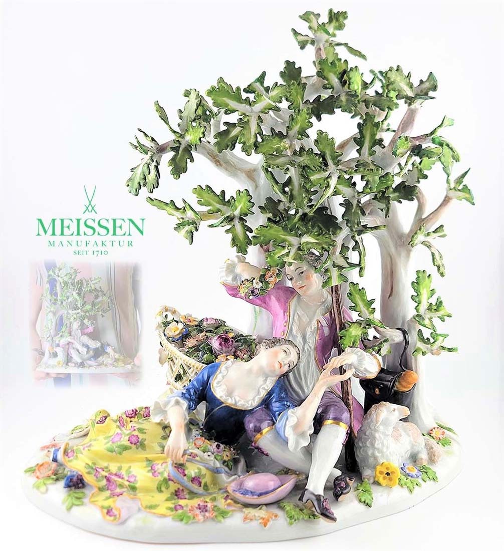 19Th C. Meissen Figural Porcelain Couple Laying Under The Tree: 19Th C. Meissen Figural Porcelain Couple Laying Under The Tree. H 10 1/2" x W 7" x L 11"