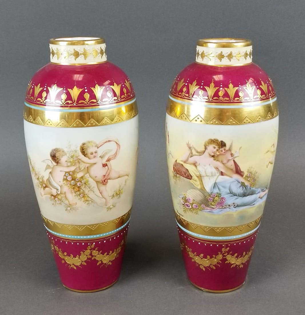 Pair of 19th C. Royal Vienna Hand Painted Vases: Pair of 19th C. Royal Vienna Hand Painted Vases. They measure H: 10" W: 4"