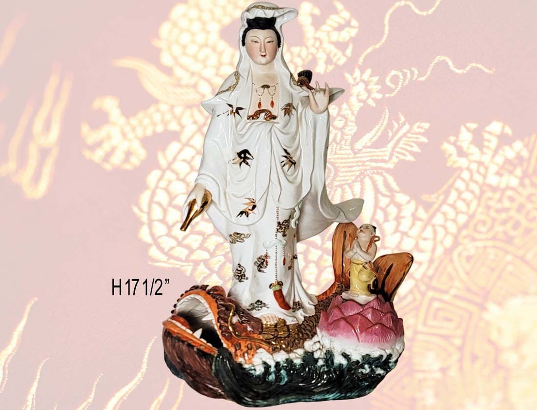 20th C. Chinese Porcelain Group, Guanyin Standing On A Shachihoko: 20th C. Chinese Porcelain Group, Guanyin Standing On A Shachihoko. H 17 1/2" x W 8" x L 10 1/2"