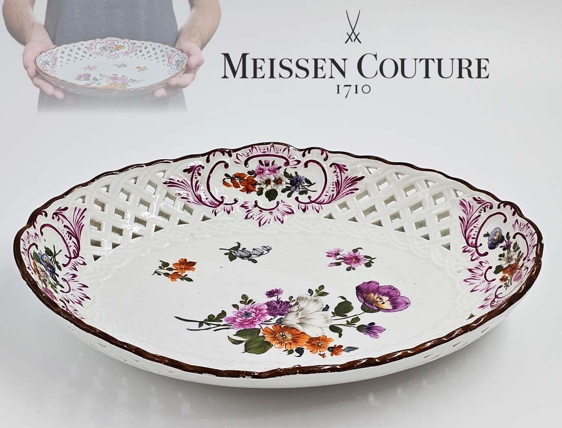 19th C. Meissen Hand Painted Floral Candy Dish \ Centerpiece: 19th C. Meissen Hand Painted Floral Candy Dish \ Centerpiece. H 2" x W 8" x L 10 1/2"