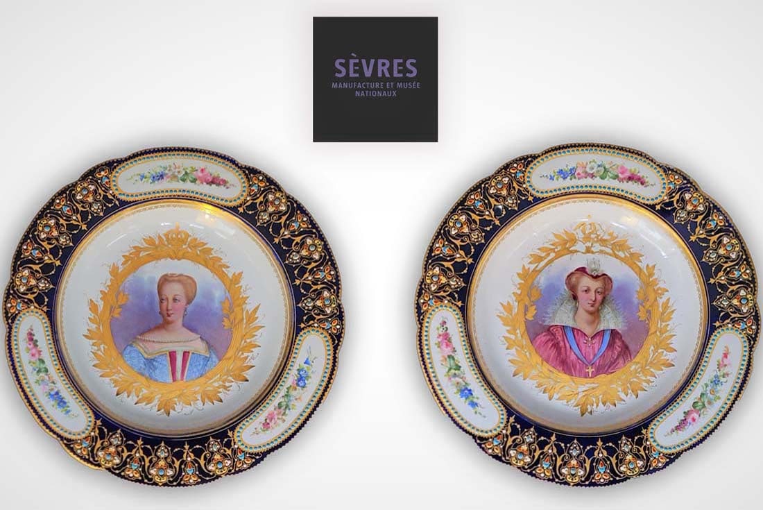 Pair Of Late 18th C. Sevres Hand Painting Of A ' Queen ' Plates, Made In France: Pair Of Late 18th C. Sevres Hand Painting Of A ' Queen ' Plates, Made In France . Every corner of each plate is designed with fine enameling jewels. Sevres underglaze Hallmark. H 1 1/2" x D 10"