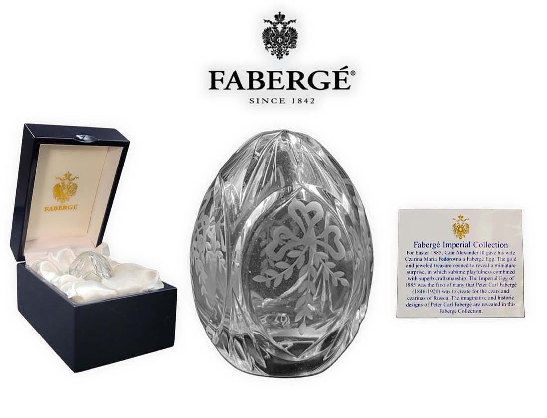 Numbered Faberge Clear Glass Crystal Cut Egg: Numbered Faberge Clear Glass Crystal Cut Egg. Box: H 3" x L 5" x W 3 3/8" / Egg: H 2.5" x W 2"
