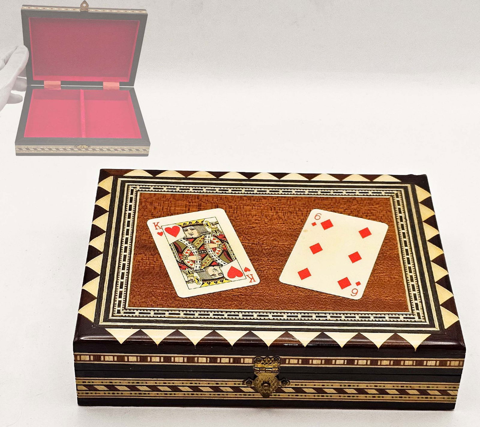 Marquetry Wood Inlaid Cards Box: Marquetry Wood Inlaid Cards Box. H 1 1/2" x W 5" x L 6 1/2"
