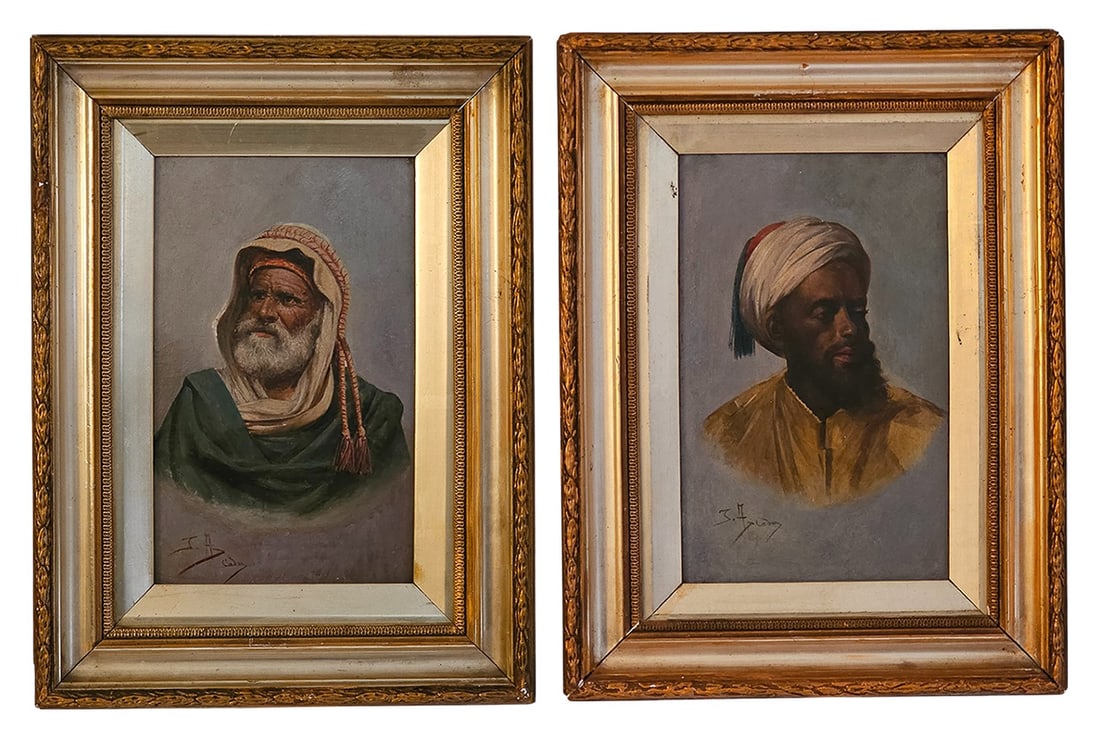 Pair Of 19th C. Orientalist 'Moorish Men' Oil On Wood Portrait Paintings, Signed: Pair Of 19th C. Orientalist 'Moorish Men' Oil On Wood Portrait Paintings, Signed. Frame: 14" x 10 1/2"