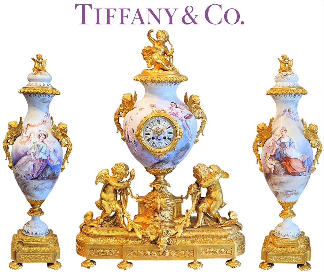 19th C. Sevres Tiffany & Co. French Porcelain & Gilt Bronze Clockset, Signed By E. Pernodet: 19th C. Sevres Tiffany & Co. French Porcelain & Gilt Bronze Clockset, Signed By E. Pernodet.