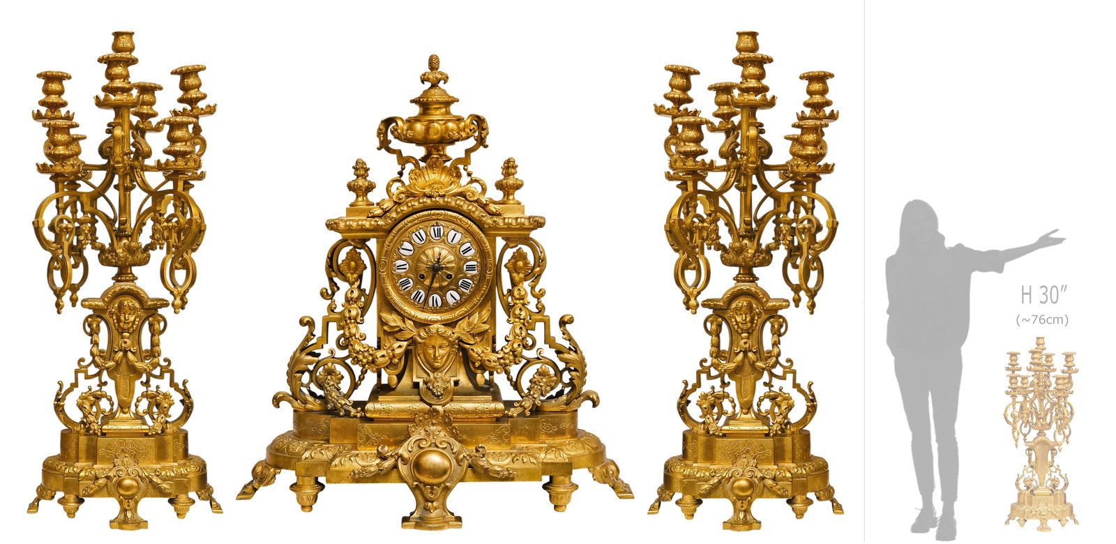 19th C. French Napoleon III Gilt Bronze Figurine With Multi-Branch Mentel Clock (1 of 9)