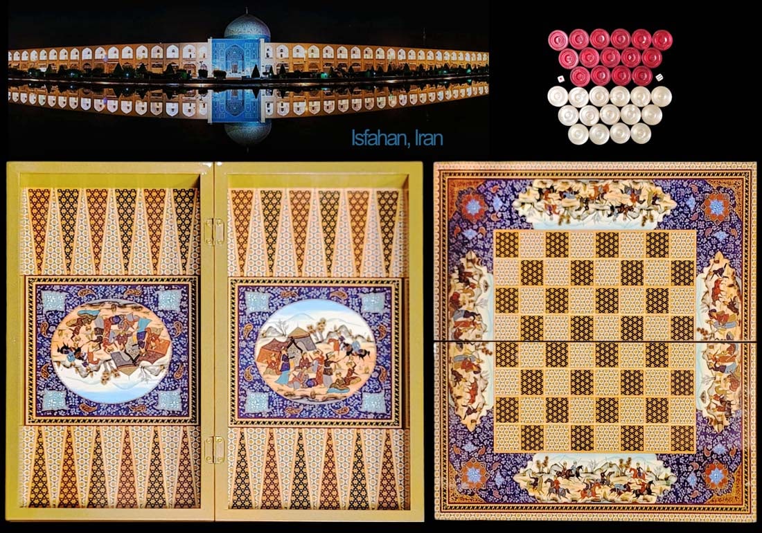 Persian Hand Painted Isfahan ' Khatam ' Backgammon set: Persian Hand Painted Isfahan ' Khatam ' Backgammon set. Open: H 1 1/2" x W 20" x L 19 7/8" \ Closed: H 3" x W 10" x L 20"