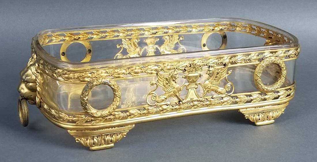 Late 19th C. Gilt Bronze Mounted and Glass Centerpiece: Late 19th C. Gilt Bronze Mounted and Glass Centerpiece. H 3" x L 11"
