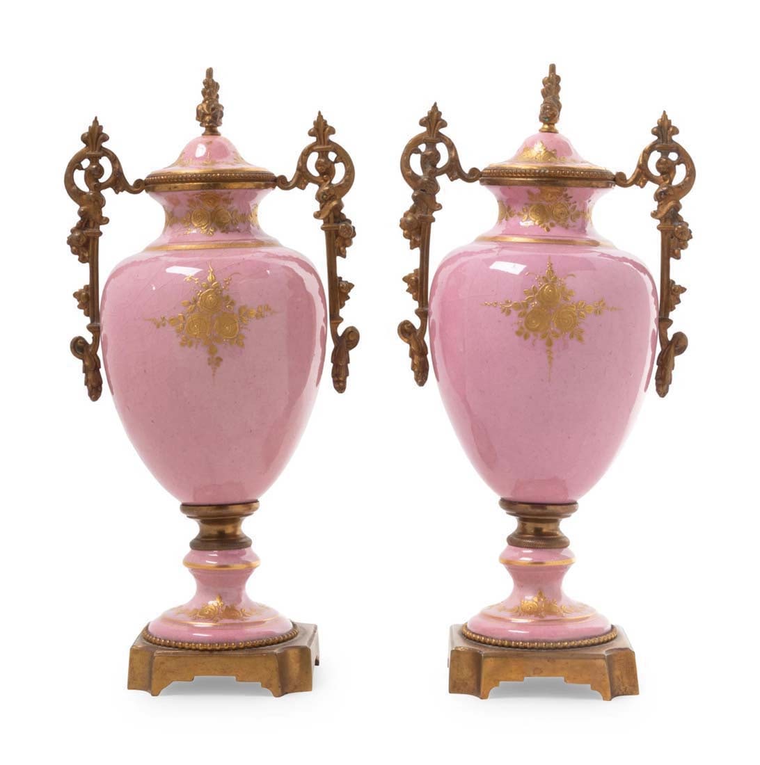 Pair Of Sevres Porcelain And Bronze Urns - 2
