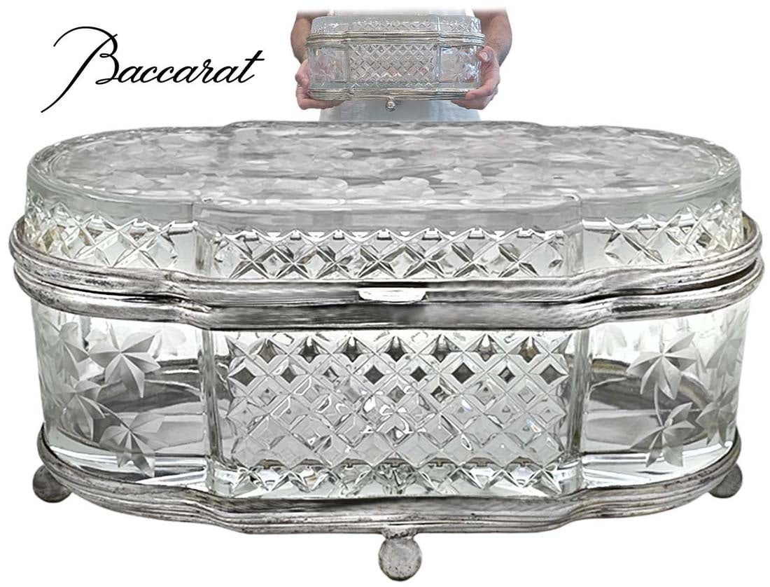 Large 19th C. French Silver Plated Baccarat Crystal Box: Large 19th C. French Silver Plated Baccarat Crystal Box. H 6 1/4" x W 7" x L 13"