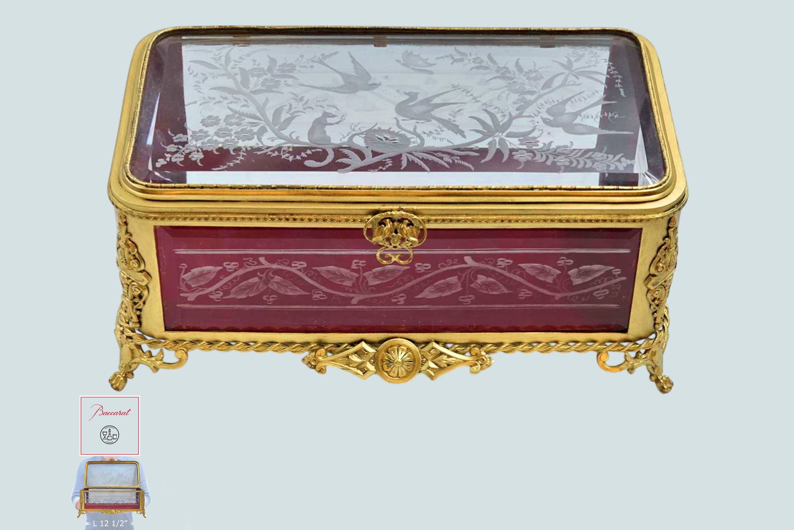 Large 19th C. Beautiful French Engraving Baccarat Glass Bronze Mounted Box: Large 19th C. Beautiful French Engraving Baccarat Glass Bronze Mounted Box. H 5 1/2" x W 7 1/2" x L 12 1/2"