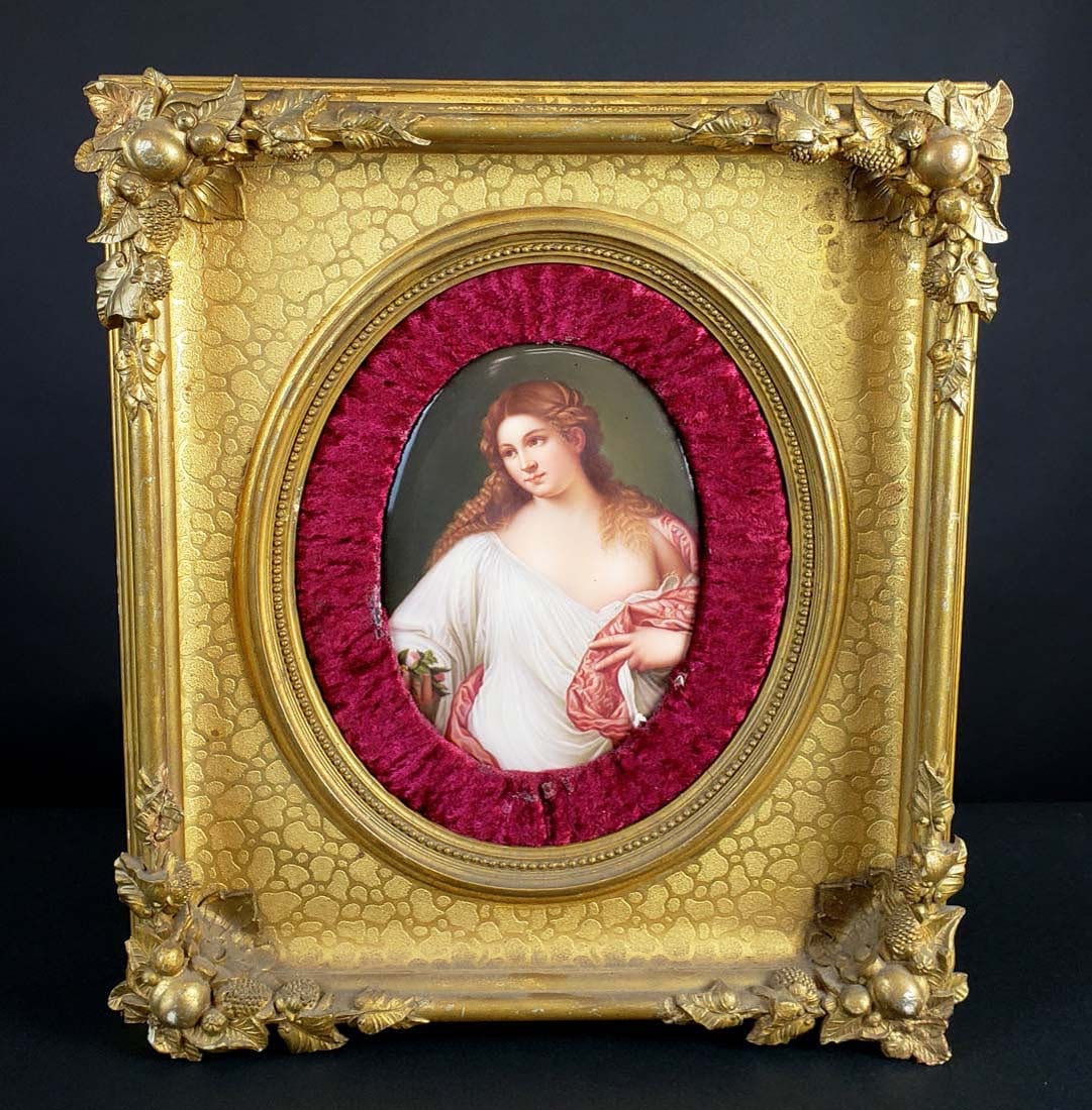 KPM Plaque of Flora After Titan, Circa 1900: KPM Plaque of Flora After Titan, Circa 1900. The frame measures 18" x 15 1/2" and the plaque measures 9" x 6 1/2"