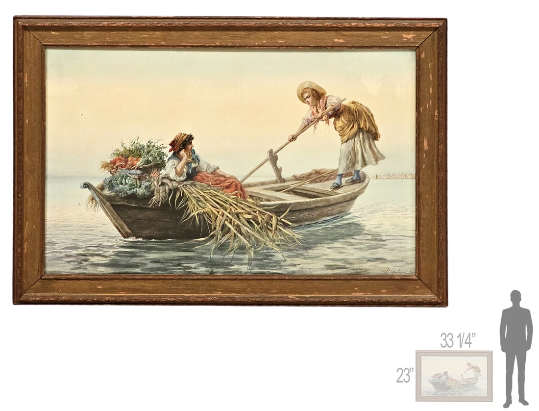 19th C. Italian (1856-1926) Pietro Garbini Watercolor Painting 'The Floating Vegetable Sellers' Sign: 19th C. Italian (1856-1926) Pietro Garbini Watercolor Painting 'The Floating Vegetable Sellers' Signed. 33 1/4" x 23" \ Painting: 28 1/2" x 18 1/2"