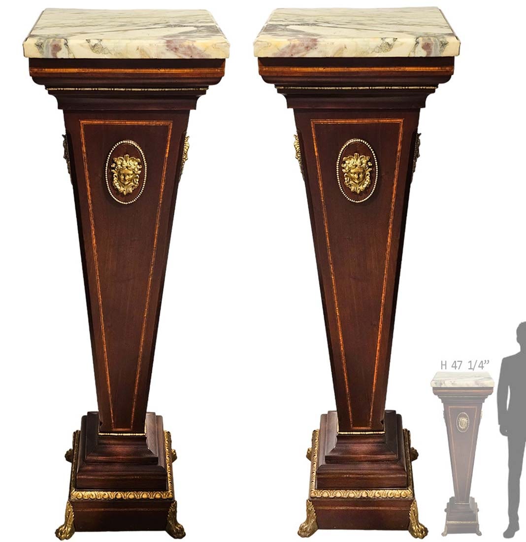 Pair Of Large Marble Top Bronze Mounted Figural Pedestals: Pair Of Large Marble Top Bronze Mounted Figural Pedestals. H 47 1/4" x W 14 1/2"