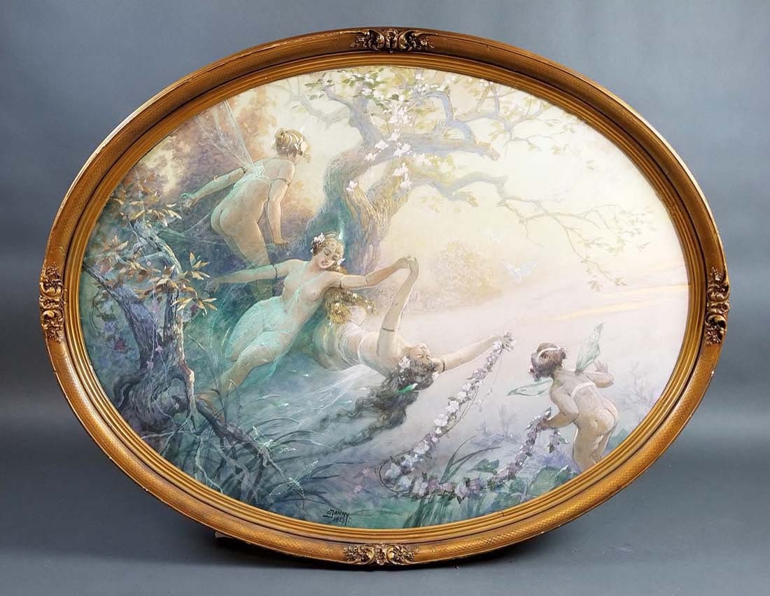 Large Georg Janny Oval Painting "Female Angels" Signed,: Large Georg Janny Oval Painting "Female Angels" Signed, Dated 1923. The frame measures 52 1/2" x 41 1/2" and the painting measures 45 1/2" x 36"