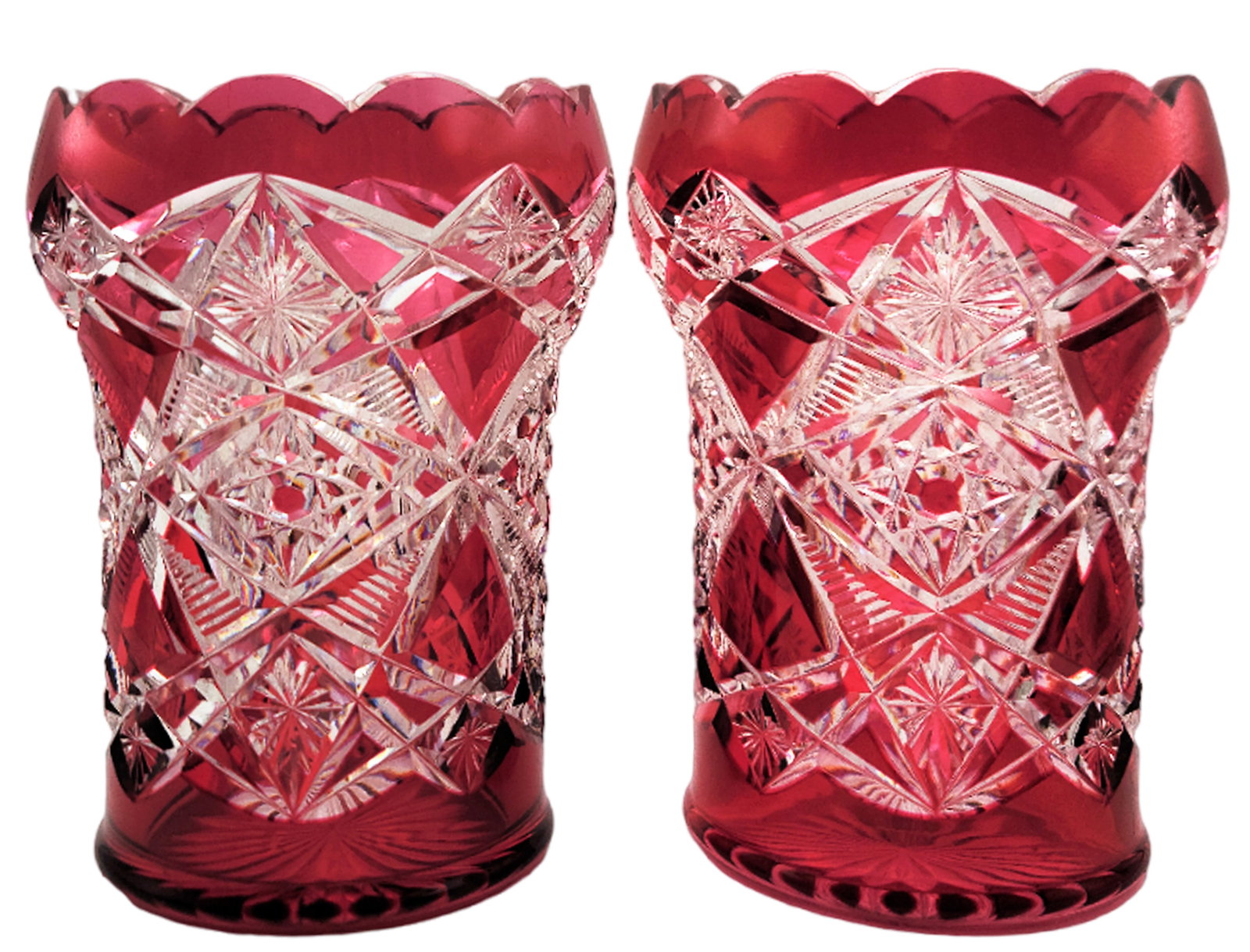 Pair Of 19th C. Bohemian Diamond Cut Vases: Pair Of 19th C. Bohemian Diamond Cut Vases. H 6 1/8" x W 4 1/4"