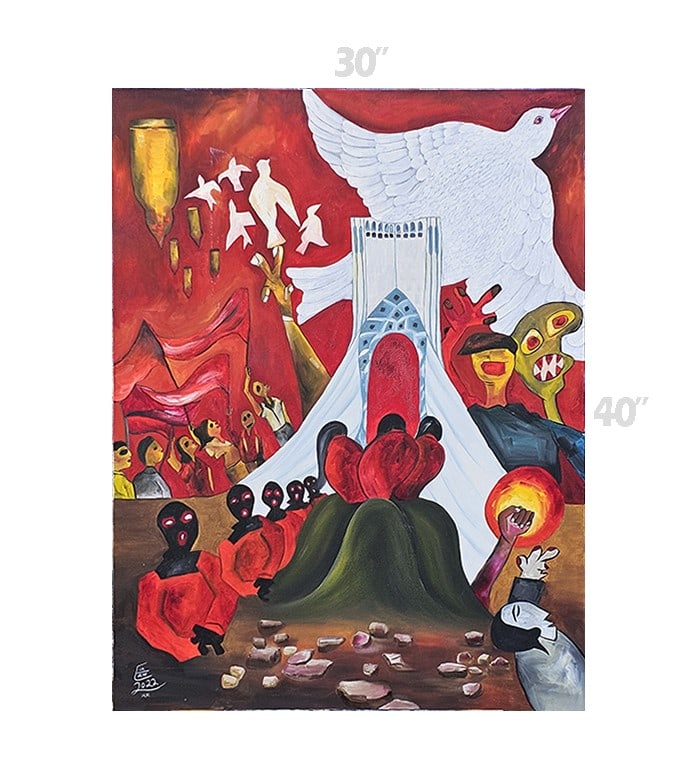 Liberty Freedom Oil On Canvas By Ellie Shafiei: 'North to South South to West, West to East East to North all directions are calling for Azadi' Liberty Freedom Oil On Canvas. 30" x 40" Signed by Ellie Shafiei (Iranian- American. b 1987). MFA
