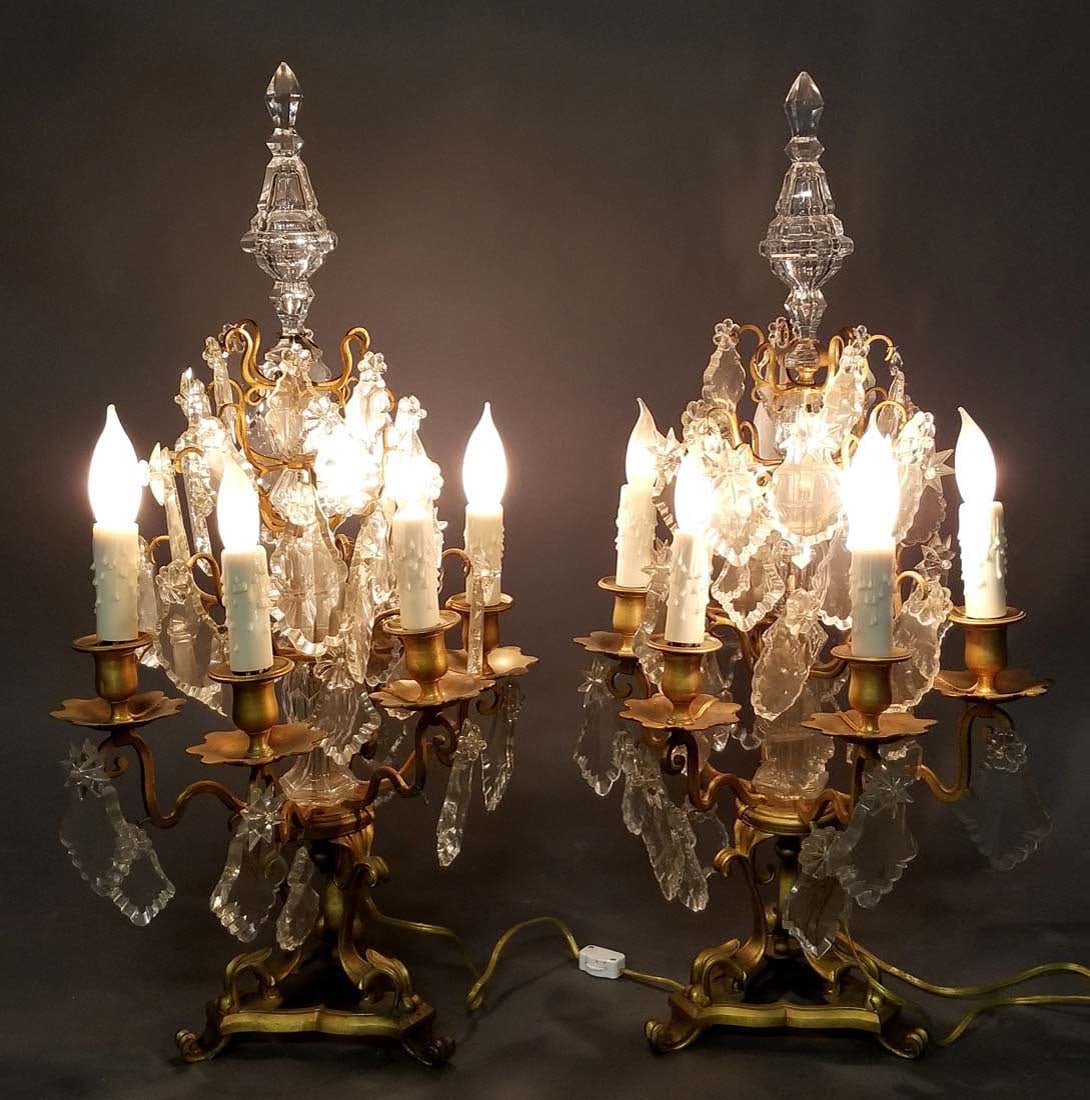 Pair of 19th C. Bronze and Crystal Candelabra Lamps - 7