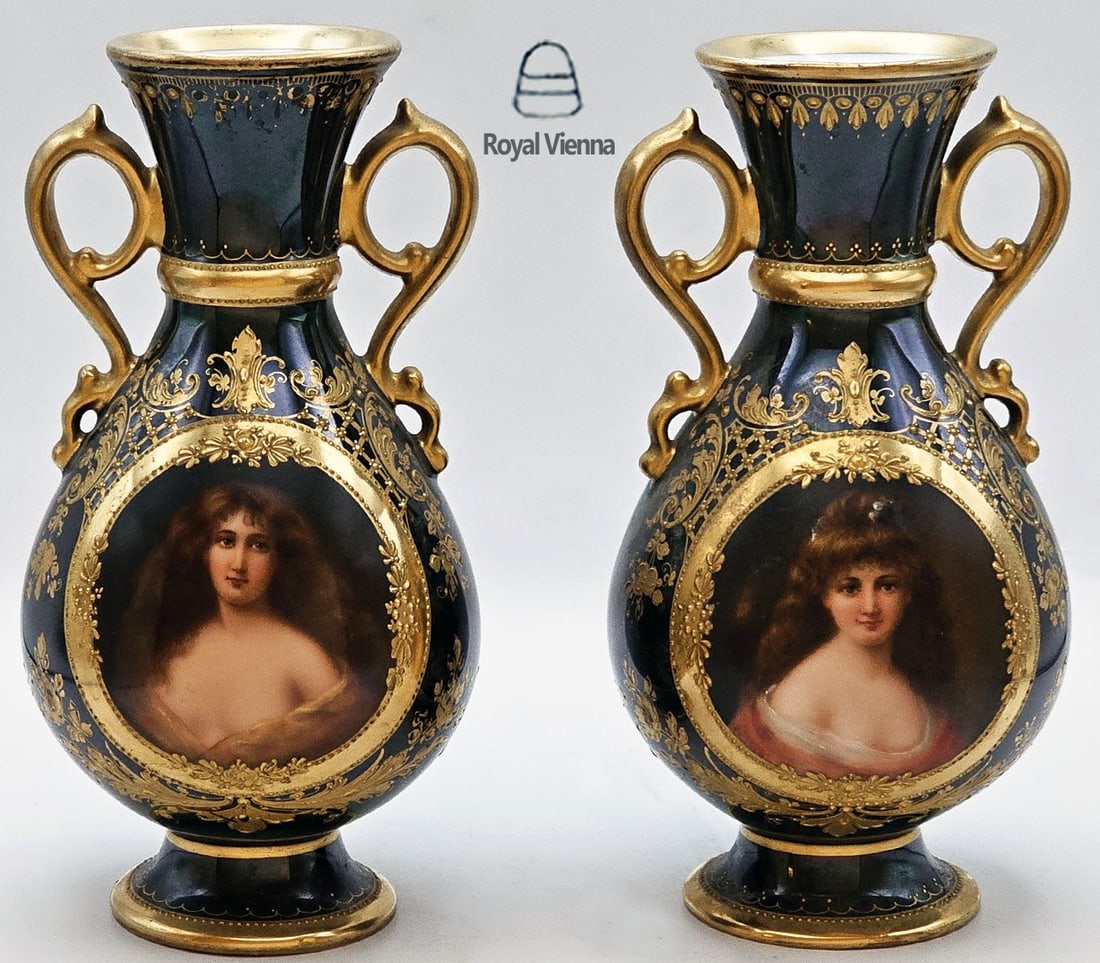 Pair Of 19th C. Royal Vienna Vases, Signed: Pair Of 19th C. Royal Vienna Vases, Signed. H 6" x W 3 1/4"
