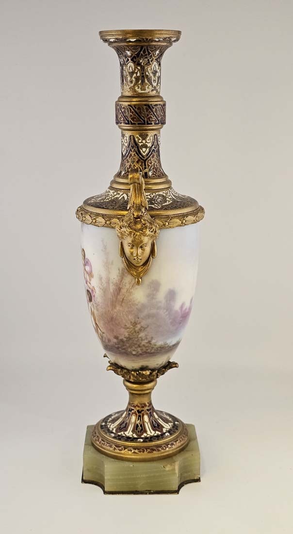 19th C. Bronze Mounted Figural French Hand Painted Sevres Baroque Urns, Signed - 11