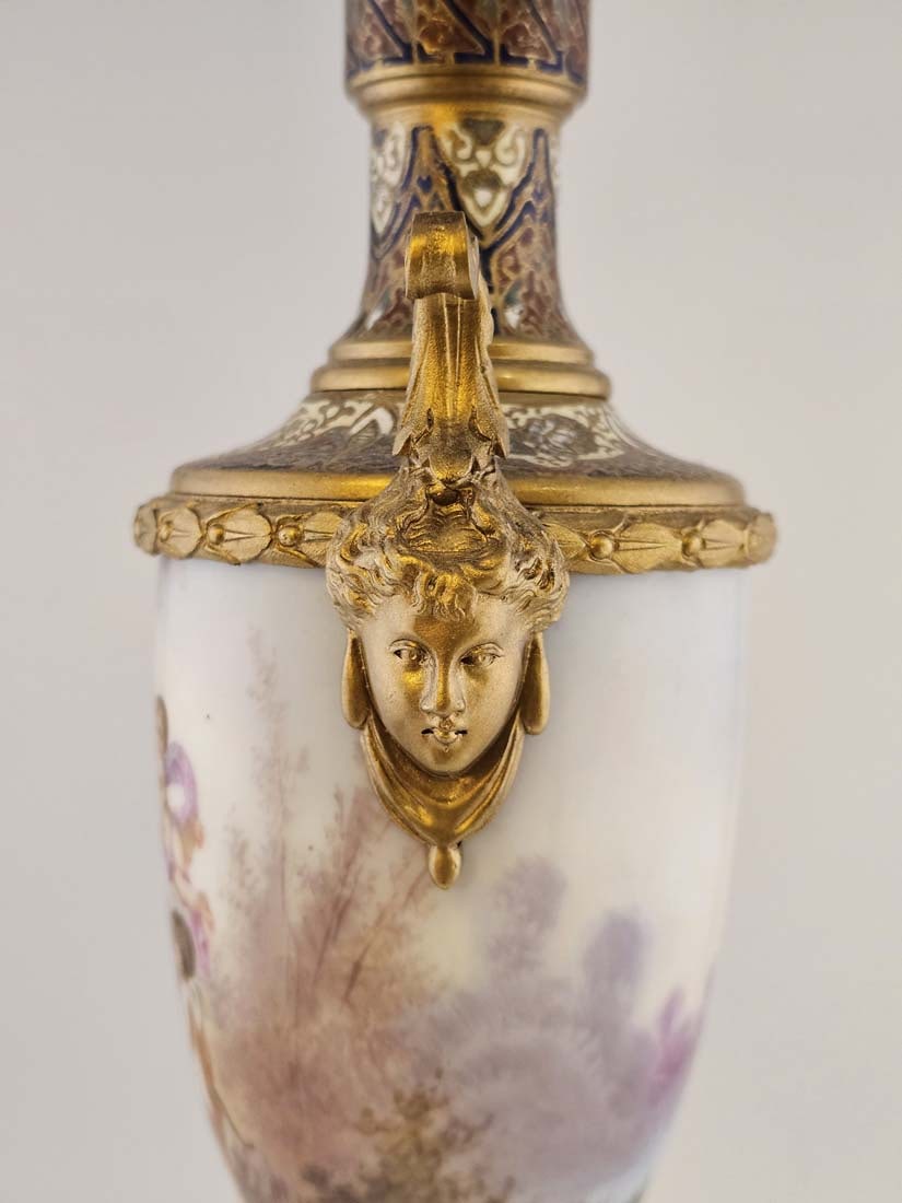 19th C. Bronze Mounted Figural French Hand Painted Sevres Baroque Urns, Signed - 12