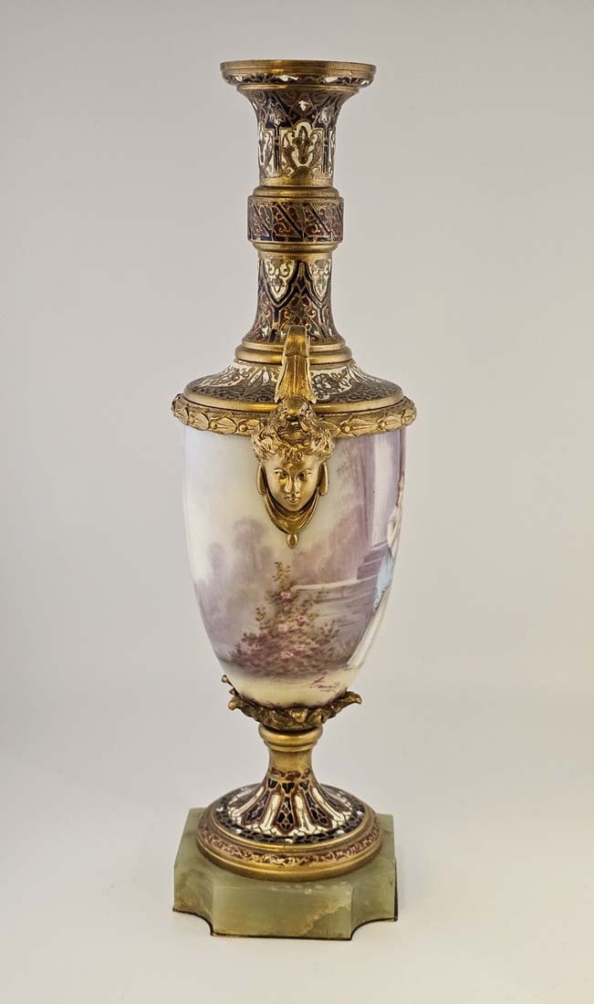 19th C. Bronze Mounted Figural French Hand Painted Sevres Baroque Urns, Signed - 15