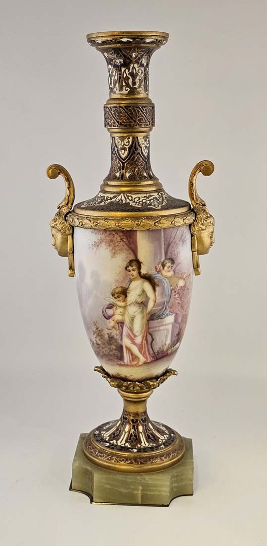 19th C. Bronze Mounted Figural French Hand Painted Sevres Baroque Urns, Signed - 17