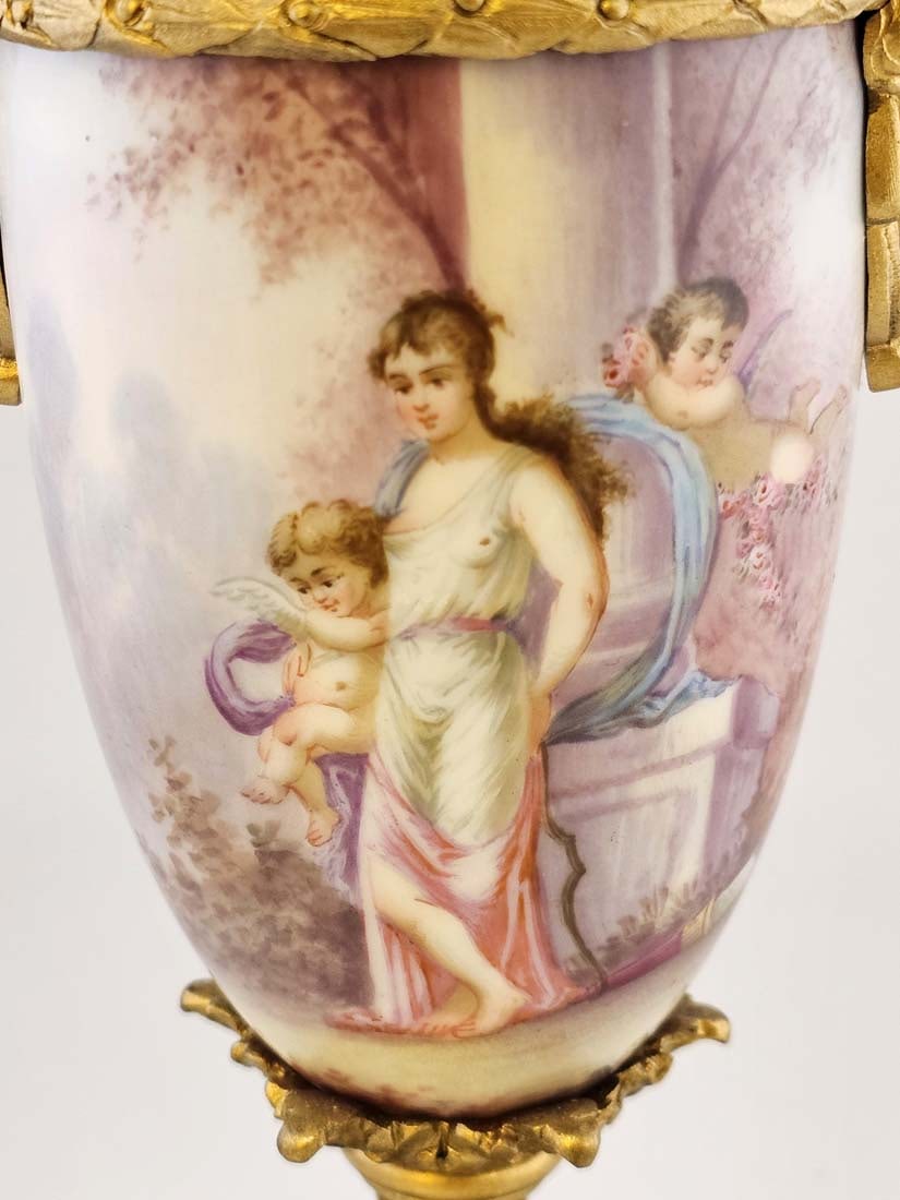 19th C. Bronze Mounted Figural French Hand Painted Sevres Baroque Urns, Signed - 18