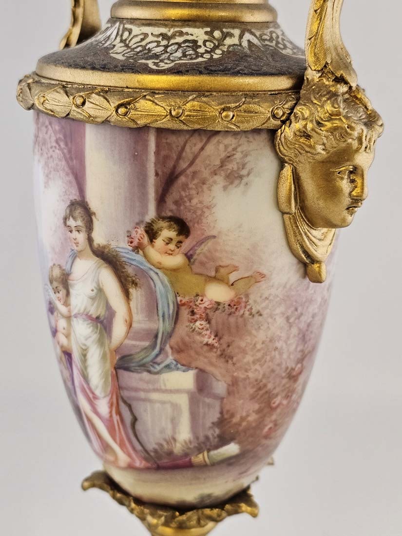 19th C. Bronze Mounted Figural French Hand Painted Sevres Baroque Urns, Signed - 19