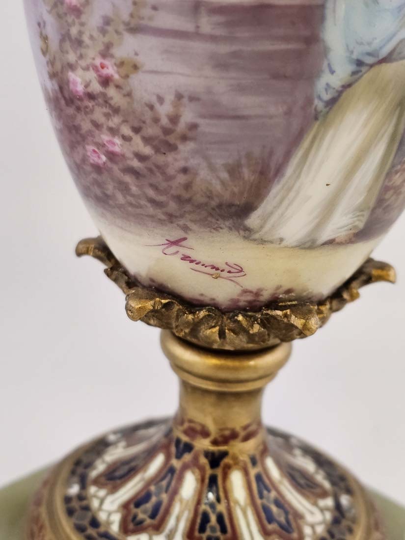 19th C. Bronze Mounted Figural French Hand Painted Sevres Baroque Urns, Signed - 2