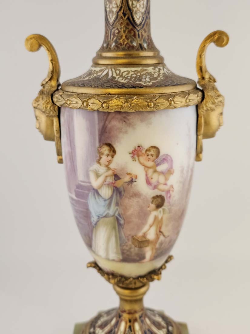 19th C. Bronze Mounted Figural French Hand Painted Sevres Baroque Urns, Signed - 3