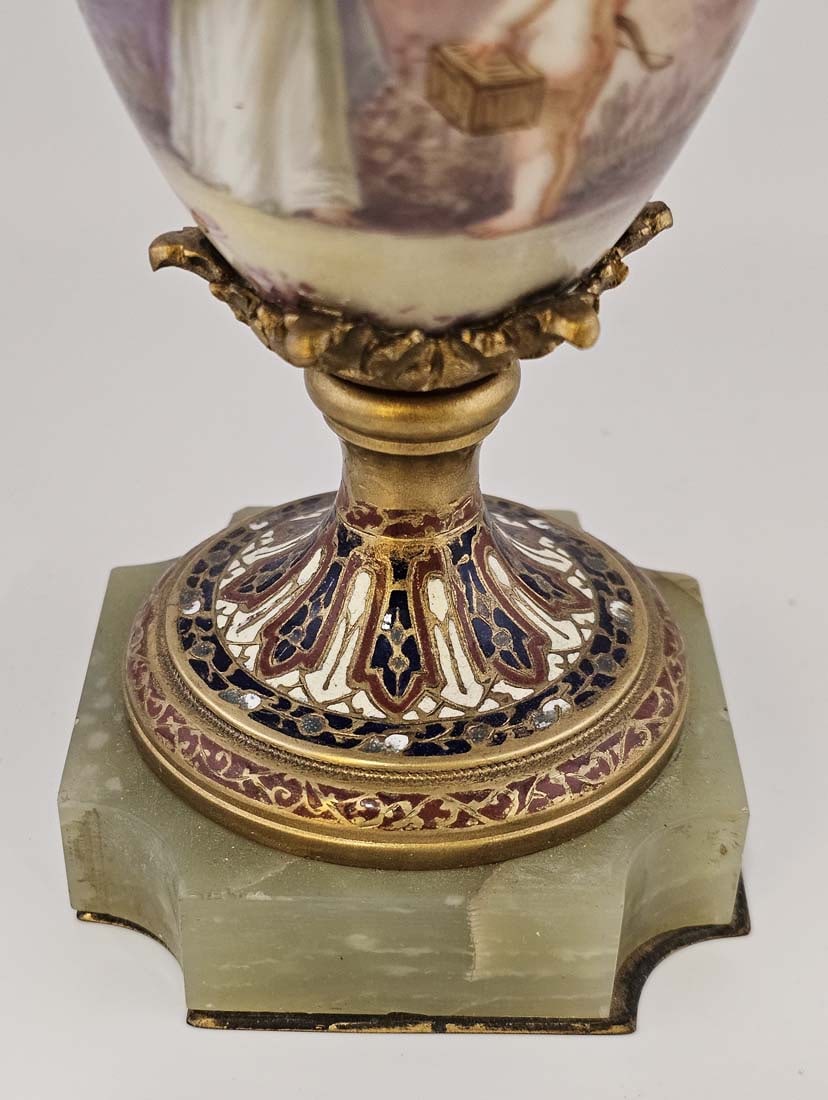 19th C. Bronze Mounted Figural French Hand Painted Sevres Baroque Urns, Signed - 4